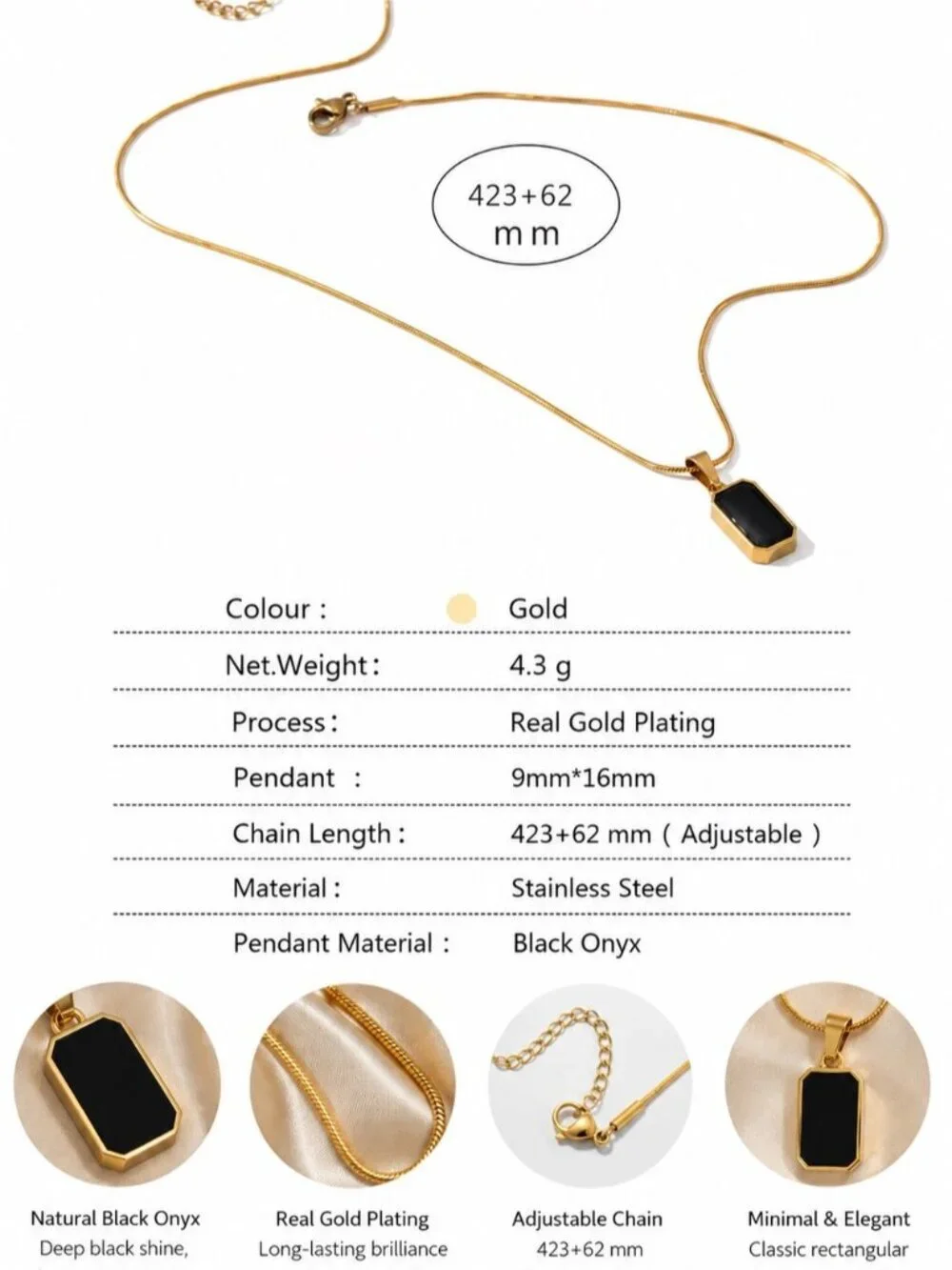 Gold tone double sided Pendant Necklace with Black and White Natural Inlay